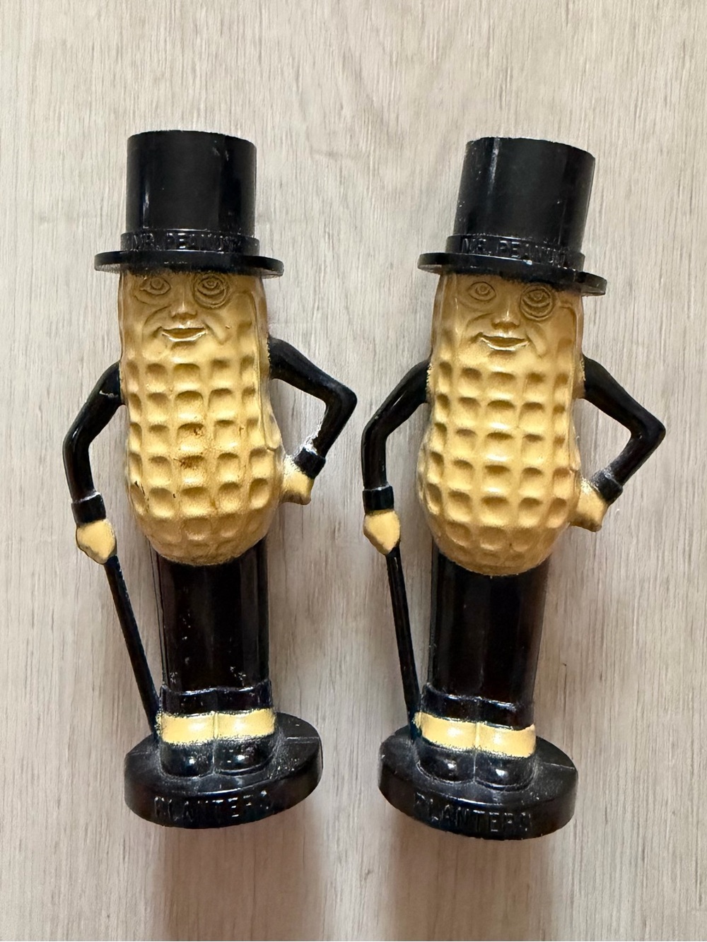 Planters Mr Peanut Plastic Salt & Pepper Shakers Made in USA Pyro 1950's 4" Tall